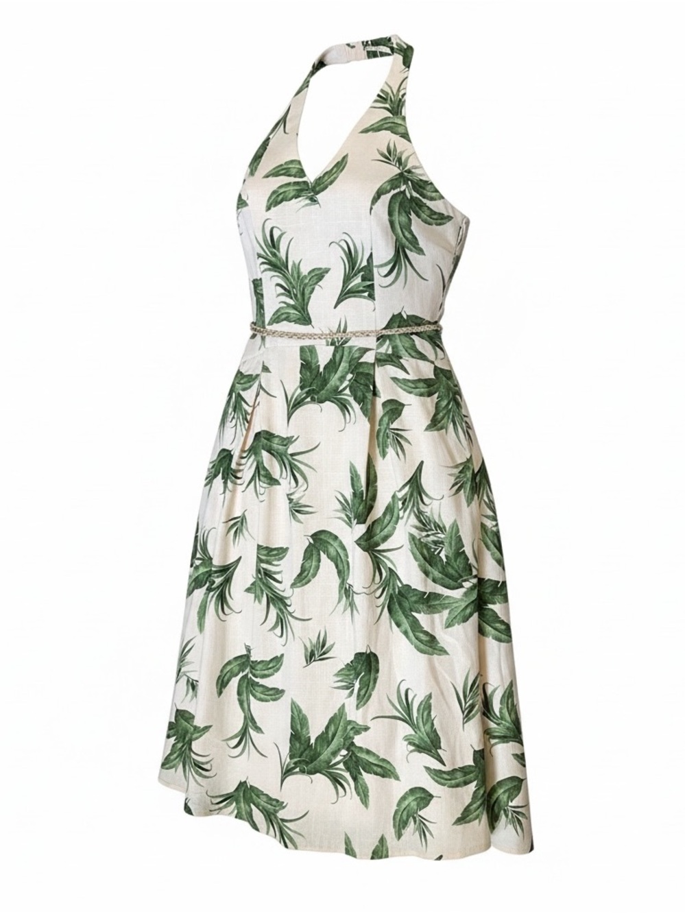 Parker Tropical Leaf Linen Blend Halter Belted Maxi Dress-Size Large